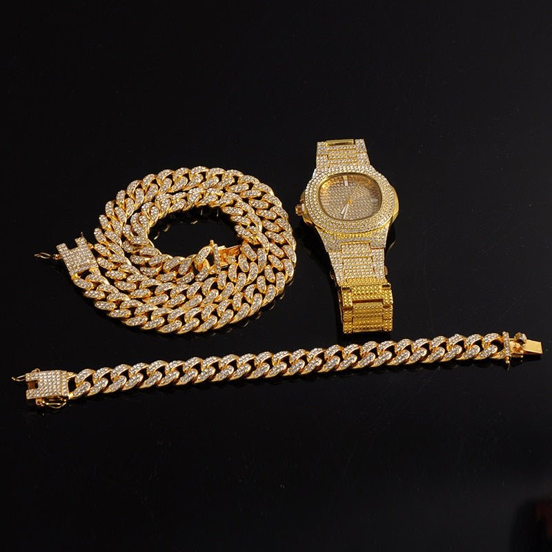 Gold Necklace +Watch+Bracelet Miami Curb Cuban Chain Gold Full Iced Out Paved Rhinestones CZ Bling - urbinfinds