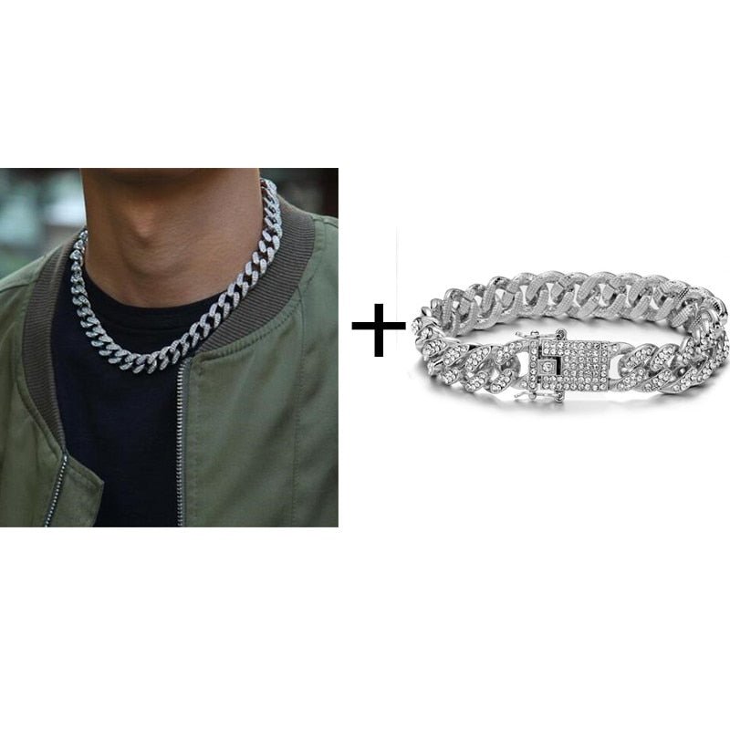 Gold Necklace +Watch+Bracelet Miami Curb Cuban Chain Gold Full Iced Out Paved Rhinestones CZ Bling - urbinfinds