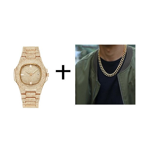 Gold Necklace +Watch+Bracelet Miami Curb Cuban Chain Gold Full Iced Out Paved Rhinestones CZ Bling - urbinfinds