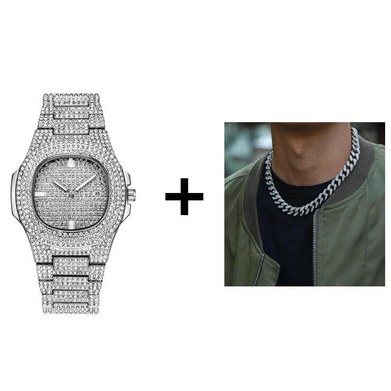 Gold Necklace +Watch+Bracelet Miami Curb Cuban Chain Gold Full Iced Out Paved Rhinestones CZ Bling - urbinfinds