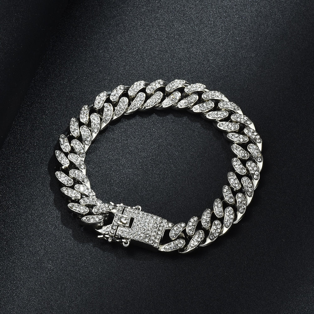 Gold Necklace +Watch+Bracelet Miami Curb Cuban Chain Gold Full Iced Out Paved Rhinestones CZ Bling - urbinfinds